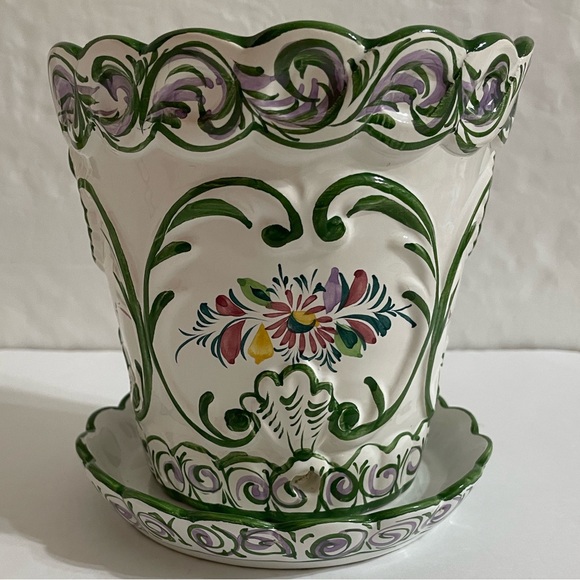 Vintage RCCL Portugal Hand Painted Floral Ceramic Green On White Flower Pot - Picture 3 of 12